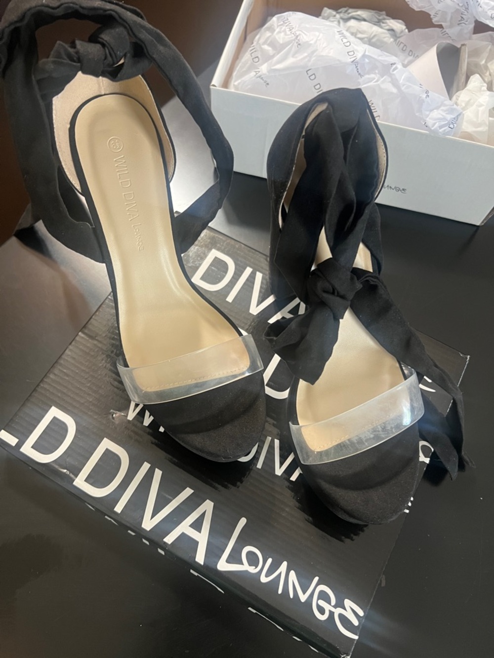 DIVA Lounge Black Satin Ankle-Tie Sandals with Clear Strap